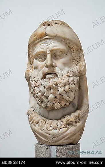 Bust of Herakles or Hercules with the lion's head as a helmet, ancient Greek mythology, temple in the museum Lapidario Tergestino, Castle Hill San Giusto, Trieste, Friuli-Venezia Giulia, Italy, Europe.