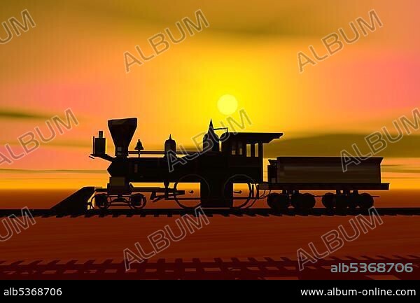 Historic locomotive at sunset, silhouette, 3D graphics.