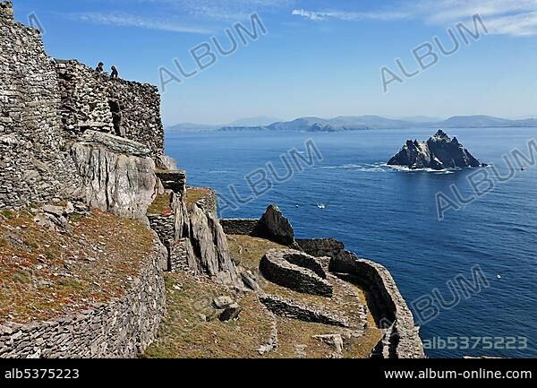 View to the bird island Little Skellig from the the monk settlement ...