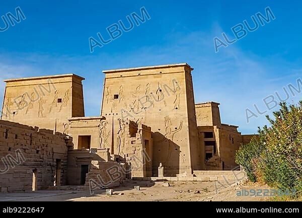 View of Philae Temple of Isis on Agilkia Island in Aswan, Upper Egypt. Temple of Isis is dedicated to Isis, Osiris and Horus built during the reign of Pharaoh Ptolemy II.