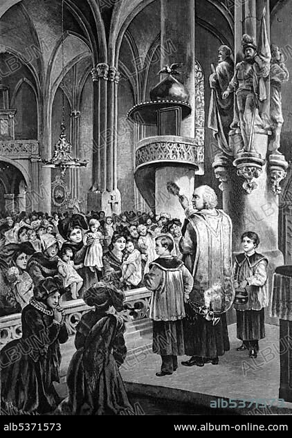 Blessing of the children at Easter in 1886 in Alsace, historical illustration, circa.