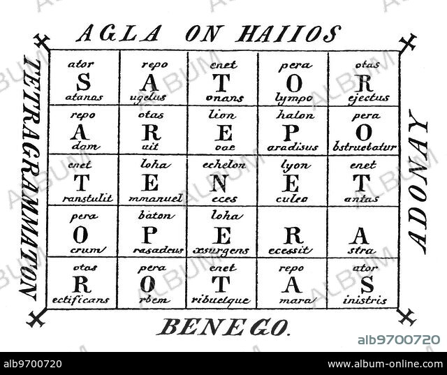 MAGIC SYMBOLS - AREPO - ROTAS - AGLA. Engraving of the 5x5 magic square ...