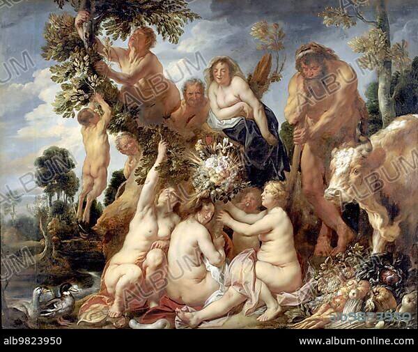 The Overcoming of Achelous by Hercules. The Origin of the Cornucopia;  Allegory of Fertility; Painting by Jacob Jordaens; Historical; Digitally  restored reproduction of a h - Album alb9823950