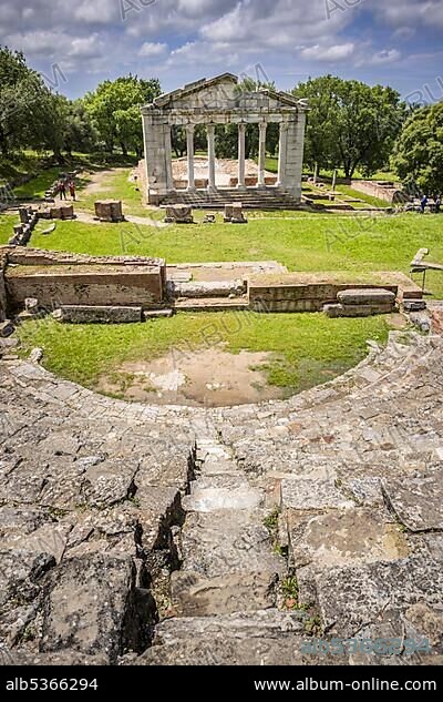 Odeon with rows of seats in front of the ruins of a Doric Buleuterion, former assembly hall, ruins, Apollonia, Vlora, VlorÃ«, Albania, Europe.