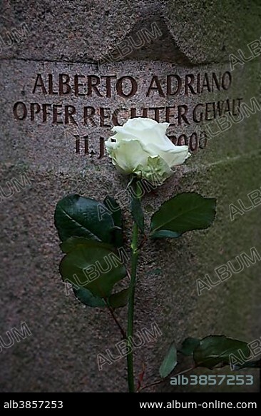 Memorial to Alberto Adriano from Mozambique, who was killed by neo-Nazis in June 2000, city park of Dessau, Dessau, Saxony-Anhalt, Germany, Europe.