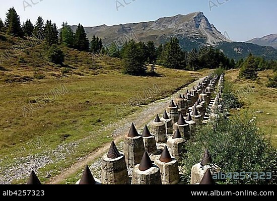 Tank barrier, defence system Plamort, World War II, to protect Italy from Nazi Germany, near Biotop Plamorter moss, raised bog, at Reschenpass, Vinschgau, South Tyrol, Italy, Europe.