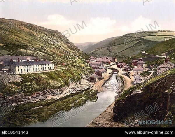 View of Boscastle, coastal village in the parish of Forrabury in the north of the English county of Cornwall, Cornwall, England, Historical, around 1900, digitally restored reproduction after an original from the 19th century, View of Boscastle, coastal village in the parish of Forrabury in the north of the English county of Cornwall, Historical, around 1900, digitally restored reproduction after an original from the 19th century.