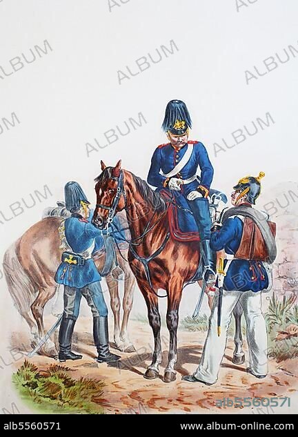 Prussian Army, Prussian Guard, 1st Brandenburg Field Artillery Regiment No. 3 and Lower Silesian Foot Artillery Regiment No. 5, Feldzeugmeister, common soldier, uniform of the army, military, Prussia, Germany, digitally restored reproduction of a 19th century original, Europe.