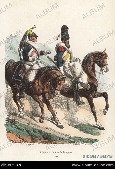 Uniforms of French dragoons of the line, 1809. Dragoon in brass helmet ...