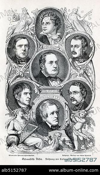 Austrian poets, drawing by Ludwig Burger: Friedrich Halm, F. Raymund, Nicolaus Lenau, Ladislaus Pyrker, Adalbert Stifter, Anatasius Gruen, Grillparzer. Historical illustration from Otto von Leixner: Illustrated History of the German Sc.