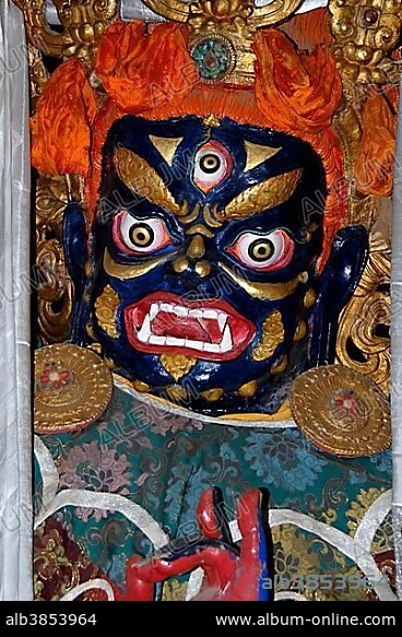 Tibetan Buddhism dreadful blue protector demon in the temple Drak Yerpa ...