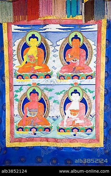 Painted buddha in a buddhist temple of Kathmandu, Nepal, Asia.