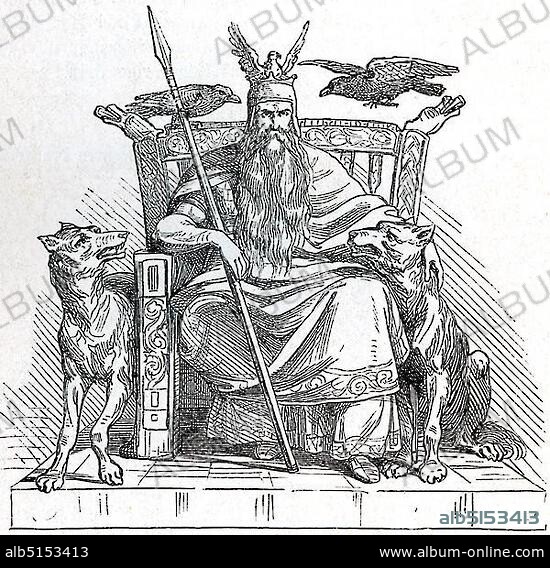 Odin, the father of the gods, historical illustration from Otto von Leixner, Illustrated history of German literature, Leipzig and Berlin 1880, First volume, Germany, Europe.