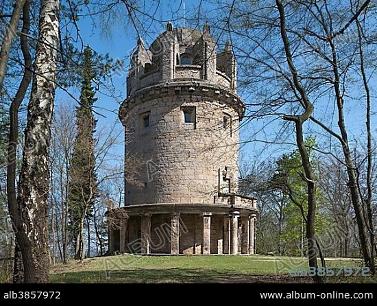 Bismarck tower on Mount Tatzend, round tower of limestone, Jena, Thuringia, Germany, Europe.