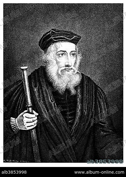 Historical drawing from the 19th Century, portrait of John Wycliffe or Wyclif, Wycliff, Wiclef, Wicliffe, or Wickliffe known as Doctor evangelicus, 1330 - 1384, an English philosopher, theologian and church reformer.