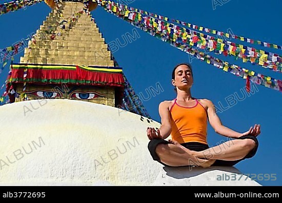 Full Set Of Yoga Asanas. Lotus. Practicing Yoga. Young Woman In