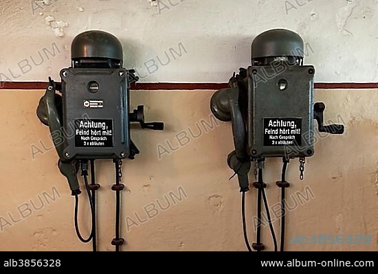 Two telephones in a bunker from the 2nd World War with inscription, the ...