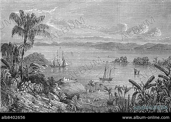 The Bay of Samana in 1869, Santa Barbara de Samana, a town and administrative seat of the province of Samaná in the northeast of the Dominican Republic, Historic, digitally restored reproduction of an original 19th century painting, exact original date unknown.