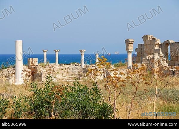 Pillars of early Christian Basilica Kampanopetra at the sea archaeological site Salamis North Cyprus.