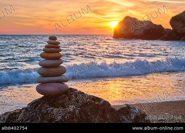 Concept of harmony and balance. Balance stones against the sea