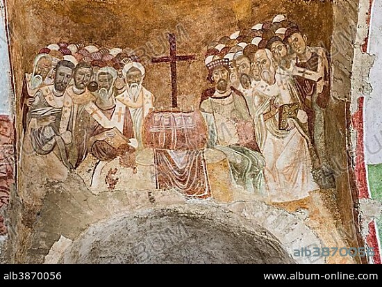 First Council of Nicaea, Emperor Constantine I in 325, Byzantine fresco in the Basilica of St. Nicholas, Myra, Demre, Antalya, Turkey, Asia.