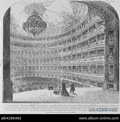 The Royal Italian Opera House in London, also known as the Covent Garden Theatre, named after the district where it is located.. Engraving realized after the renovation of the auditorium. From this date the Royal Opera House became the Royal Italian Opera House since it was open with the opera Semiramide by Rossini.