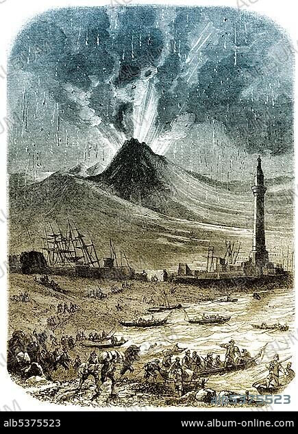 Historic drawing, 19th century, the volcanic eruption on 8th December 1861, Mount Vesuvius, Bay of Naples, Campania, Italy, Europe.