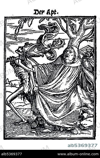 Woodcut, The Abbot, Hans Holbein the Younger, Dance of Death, 1538.