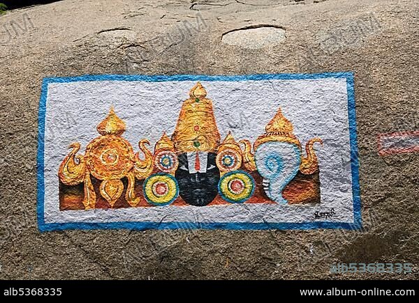 Painting on a rock, Hampi, Karnataka, India, Asia.