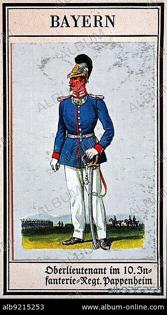 German Uniforms of the 19th century, Lines, Infantry: Bavaria, Oberlieutenant in the 10, Infantry Regiment Pappenheim, Historical, digitally restored reproduction of a public domain collector's picture from the early 20th century.