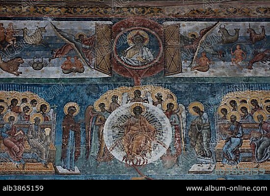 Outside Fresco Jesus as Judge at the Last Judgement, Voronet Monastery, Church of Moldavia, Bukovina, Romania, Europe.