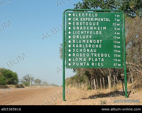 Road sign with German villages Mennonite colony Filadelfia