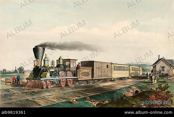 Railway; Steam locomotive; American express train; 1855; America; Historic; digitally restored reproduction from a 19th century original.