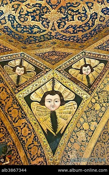 Armenian Apostolic Church, ceiling painting, face with wings, cherubim and seraphim, Vank Cathedral, Jolfa or New Julfa, Isfahan, Iran, Asia.