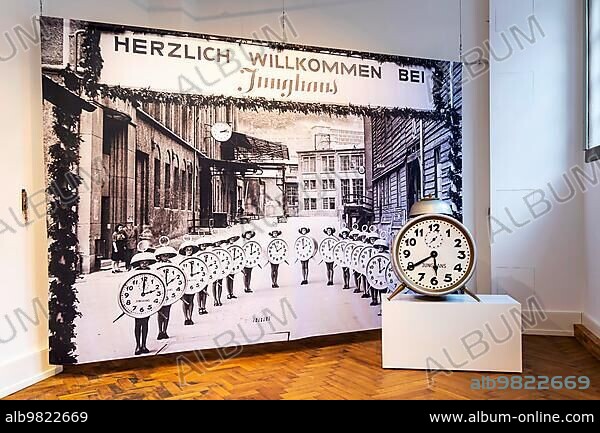 Black Forest Clock Museum in the terrace building of the Junghans clock factory; advertising campaign for an alarm clock; around 1930; Schramberg; Baden-Württemberg; Germany; Europe.