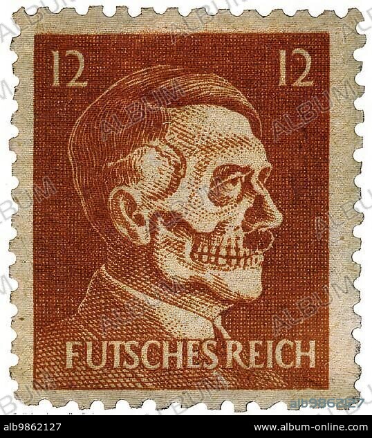 Stamp, one of the most famous propaganda forgeries, Futsches Reich, shows the profile of Adolf Hitler half as a skull and crossbones and was made by the Americans in February 1945, Operation Cornflakes, Historical, digitally restored reproduction.