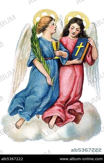 Nostalgic illustration, two angels on a cloud holding a goblet and a bible.