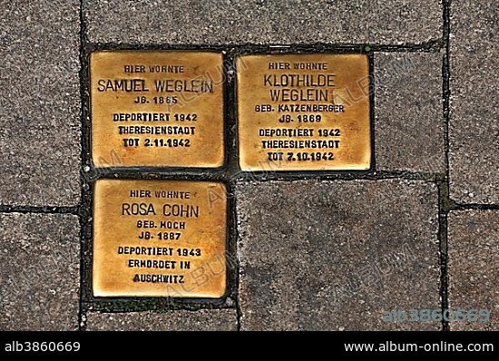 Stumbling blocks, memorial stones for deported and murdered Jews in the Third Reich, 1942-1943, main road in Erlangen, Middle Franconia, Bavaria, Germany, Europe.