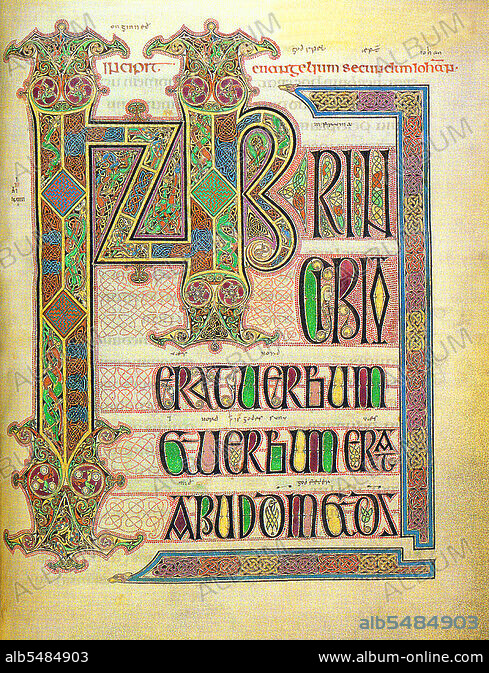 The Lindisfarne Gospels, Lindisfarne (Holy Island), c. 700 CE. Folio ...