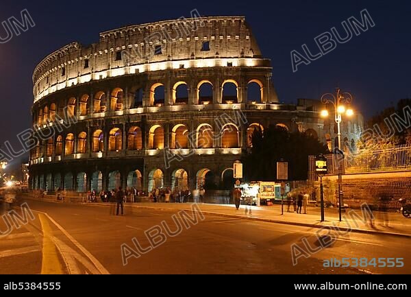 The Roman Colosseum ad night during a manifestation. The Via dei