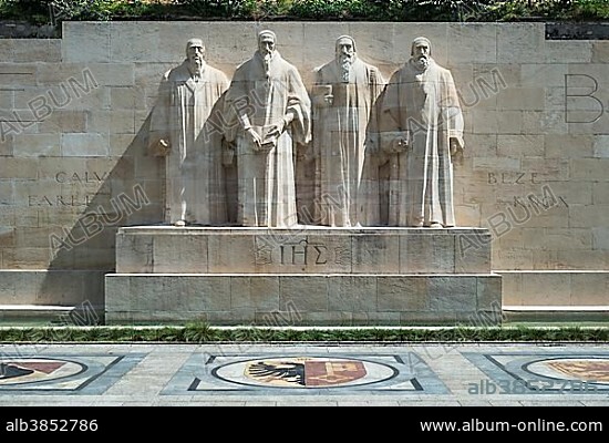 The reformers Farel, Calvin, Beza and Knox (from left to right), sculptures at the International Monument of the Reformation, 1909-1917, sculptor Paul Landowski, Geneva, Switzerland, Europe.