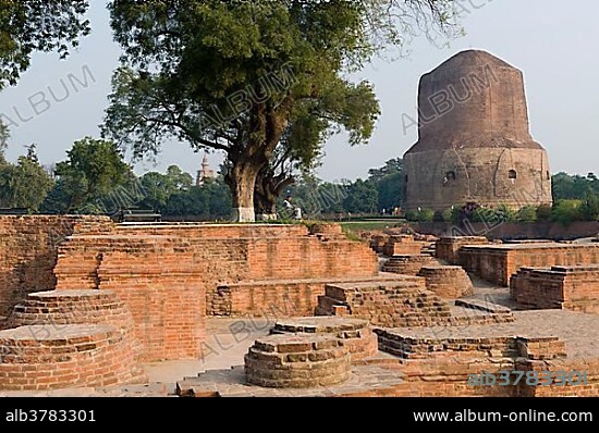 Excavations at the Dhamek Stupa, Buddhist holy place Sarnath, Uttar Pradesh, India, Asia.