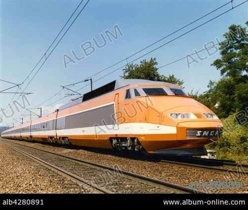 The SNCF TGV Sud-Est, built by Alstom and designed by Jacques Cooper. It was originally orange and grey.. 1981.