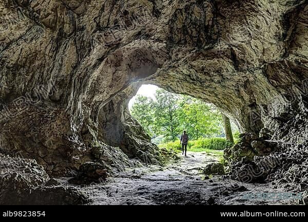 Hohlenstein-Stadel cave in the Swabian Alb; Eiszeit cave; site of the Lion Man; ivory figure from the Palaeolithic period; oldest human sculpture in human history. Asselfingen; Baden-Württemberg; Germany; Europe.