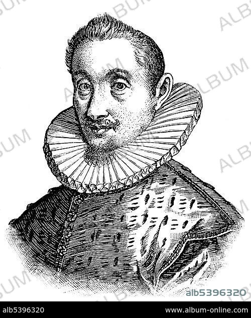 Historical drawing from the 19th Century, portrait of Hans Leo Hassler von Roseneck or Hasler, 1564-1612, German composer, watchmaker and manufacturer of musical machines.