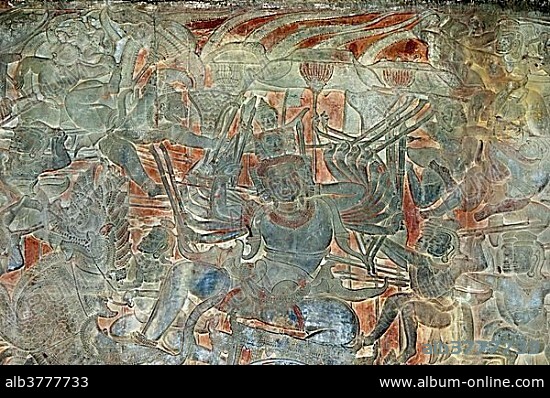 Part of the bas-relief in the West Gallery depicting scenes of the battle of Kurukshetra from the Hindu epic Mahabharata, Ravana sitting on a cart having multiple faces and arms is being attacked by Hanuman, the white monkey general, Angkor Wat temple complex, Angkor, Cambodia, Southeast Asia, Asia.