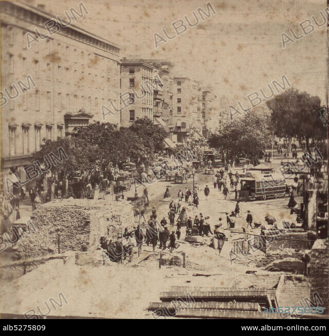 Looking up Broadway from the corner of Fulton Street, showing the ruins ...