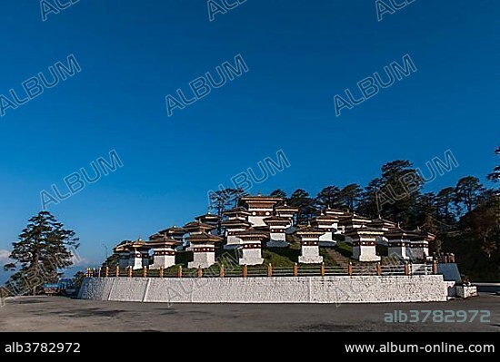 The 108 Druk Wangyal Chortens or shrines at Dochula Pass, Hongtso, Himalayas, Kingdom of Bhutan.