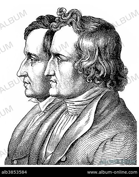 Historical illustration from the 19th Century, portrait of the Brothers Grimm, Jacob Ludwig Karl Grimm, 1785 - 1863, a German language and literature scholar and jurist, and fairy tales and legends collector, founder of German philology and classical studies and Wilhelm Carl Grimm, 1786 - 1859.