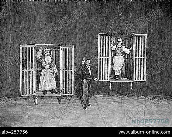 The illusionist Thorn demonstrates the appearance and disappearance of persons in cages, 1880, woodcut, England.